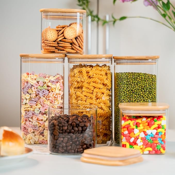 YUNCANG Glass Storage Jars 6 Pack 37oz Clear Glass Food Storage Containers with Airtight Bamboo Lid Stackable Kitchen Canisters for Candy,Cookie,Rice,Sugar,Flour,Pasta,Nuts and Spice Jars(Square)