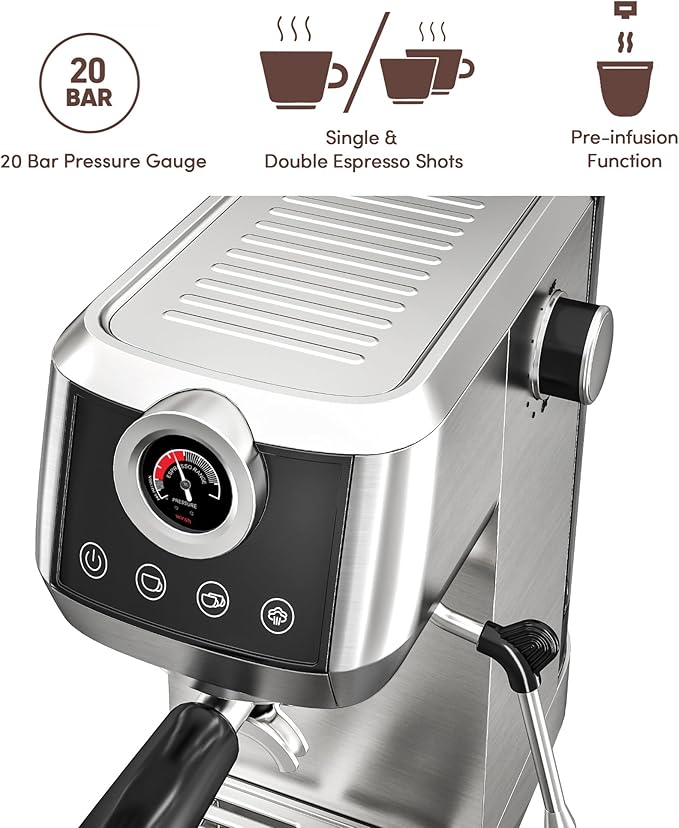 wirsh Espresso Machine, 20 Bar Semi-Automatic Espresso Maker with Pressure Gauge, Steam Wand, Stainless Steel Expresso Coffee Machine for Espresso/Latte/Cappuccino, Touch Screen,Home Barista Plus
