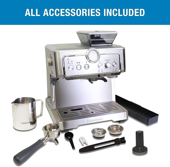 Kenmore Espresso Machine - Automatic Coffee Maker With Manual Tamper, Auto Cleaning, Milk Steamer & Frother, Bean Grinder, Make Professional Barista Style Cappuccino, Café Latte, Stainless Steel