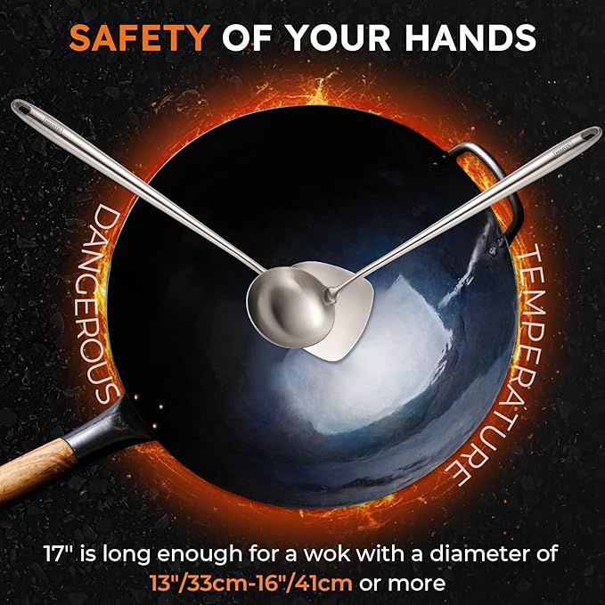 MARTE 17’’ Wok Spatula and Ladle Tools Set，[High Grade,Rustproof, Integral Forming, Heat Resistant],18/10 Stainless Steel Wok Utensils for Cooking，Ergonomic Wok Accessories Set of 2 for Kitchen