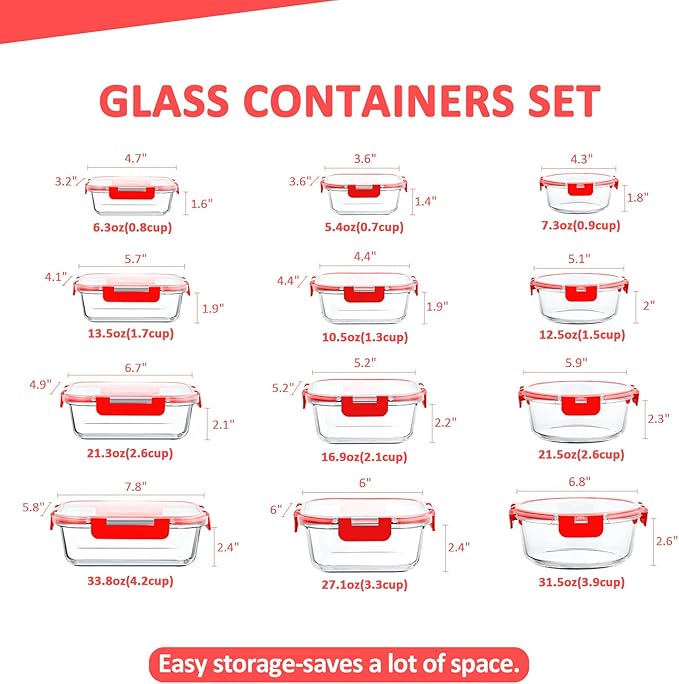 24 Pieces Glass Food Storage Containers Set,Glass Meal Prep Containers-Stackable Airtight Glass Storage Containers with lids,Freezer, Microwave, Oven Safe,Red