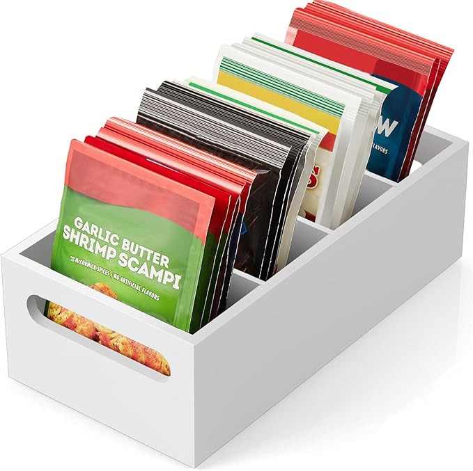 DRASTAR Pantry Organization and Storage Bins, Seasoning Packet Organizer with Removable Dividers,Wooden Storage Caddy for Kitchen, Pantry, Cabinet, Countertop, Black