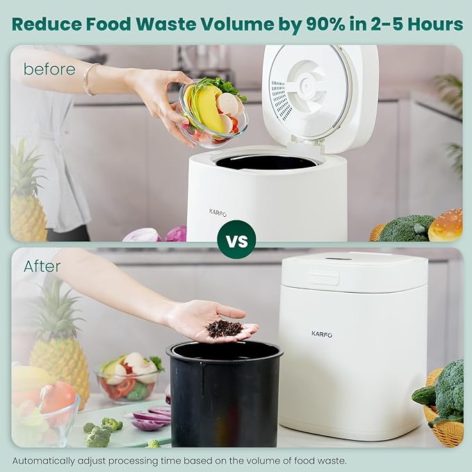 Karfo Electric Composter for Kitchen, Smart Compost Bin Outdoor/Indoor, Odorless Single-Button Auto Operation, Turn Food Waste to Fertilizer for Plants, Food Waste Compost Machine（White）