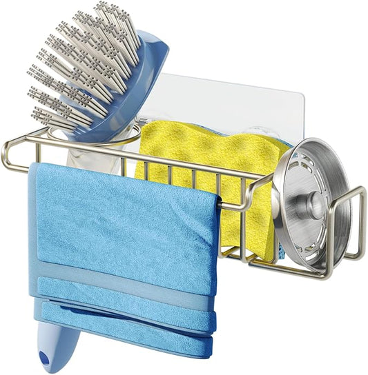 HapiRm Sink Caddy Sponge Holder - No Drill Sponge Holder for Kitchen Sink, Rustproof and Waterproof Kitchen Organizer - Brushed Nickel