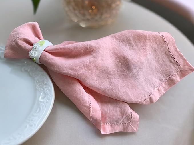 Hemstitched Linen Napkins – 20 Inch x 20 Inch – Stonewashed Pure Linen Cloth Dinner Napkins with Mitered Corners - 100% French Flax – Machine Washable - Set of 4 (Blush Pink)