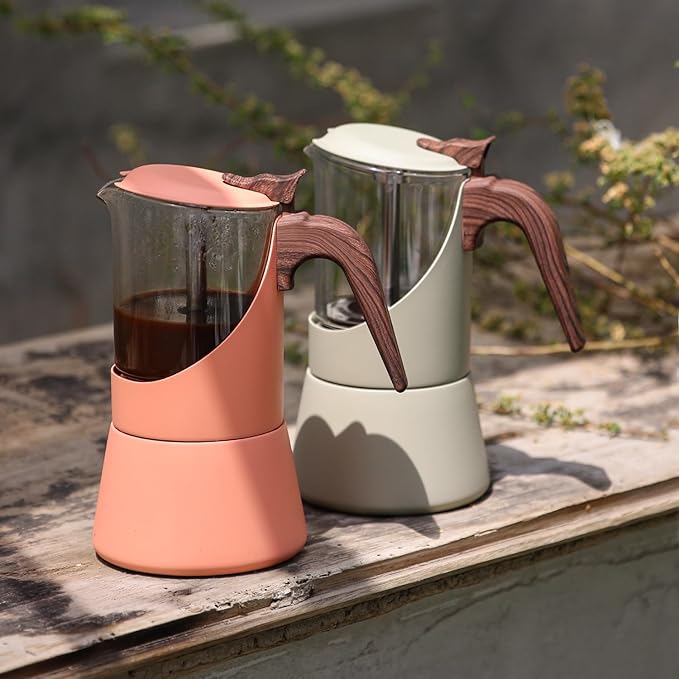 Glass Moka Pot for Stovetop & Induction - Italian Espresso Maker with Wood Handle & Leak-Proof Design - Comes with Induction Heat Diffuser Plate (6 Cup, Frosted 240ml)