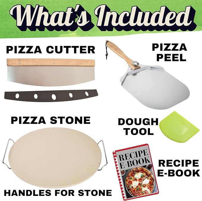 Round Pizza Stone for Oven 16 inch - Large Pizza Stone with Handles, Metal Pizza Peel, Pizza Cutter and Dough Tool - Baking Stone for Oven Bread - Thick Heavy Duty Cordierite Baking Stones