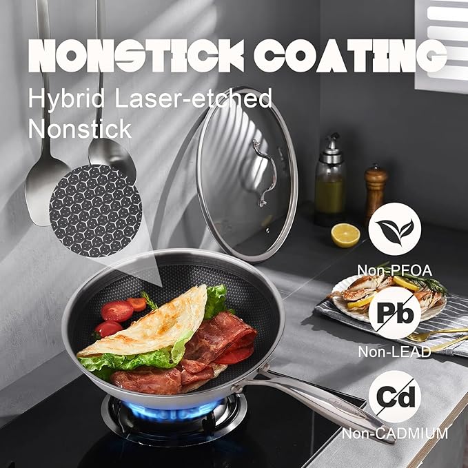 Hybrid Non Stick Wok, 12 inch Frying Pans Nonstick, Stainless Steel woks, PFOA Free Cookware, Dishwasher and Oven Safe, Induction Compatible