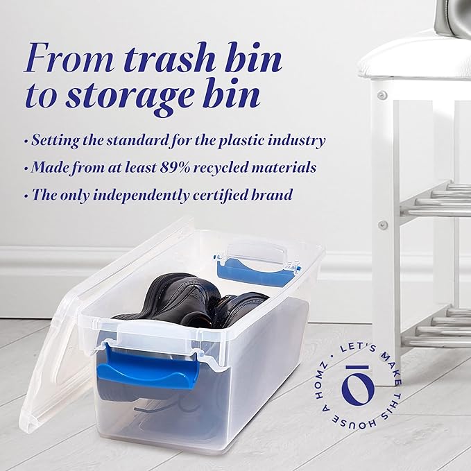 HOMZ 5-Pack Latching Lid, Clear Plastic Storage Organizer Bins, 7.5 Quart, Blue Latch - Stackable Organizing Containers for Home, Garage, and Office