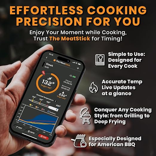 MeatStick 4 - Wireless Meat Thermometer for Grilling and Smoking, Smart Meat Thermometer with 4 Sensors & Limited Range (165ft Outdoors), Wireless Grill Thermometer, Wireless Meat Probe for Smoker