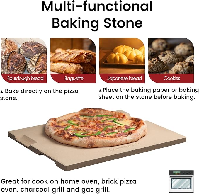 Large Pizza Stone, 16"x14" Rectangular Pizza Stone for Oven Grill BBQ, Baking Stone for Pizza Bread, Unique Built-in 4 Handles Cooking Stone
