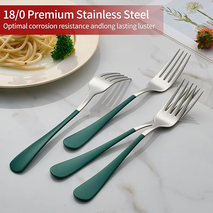 Green Dinner Fork, 18/0 Green handle Stainless Steel Satin Finish 8.1-inch Silverware Flatware Fork Set, Set of 12, Dishwasher SafG
