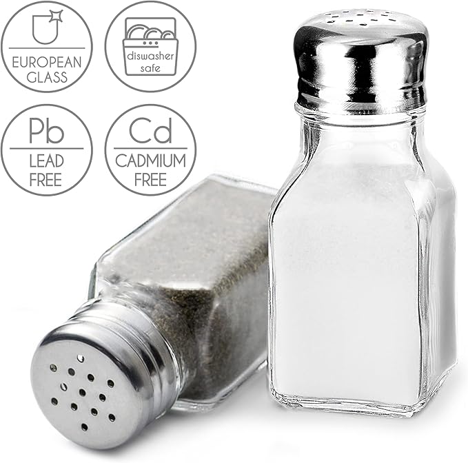 Salt and Pepper Shakers Glass Set, Clear Home and Kitchen Design with Stainless Steel Lids