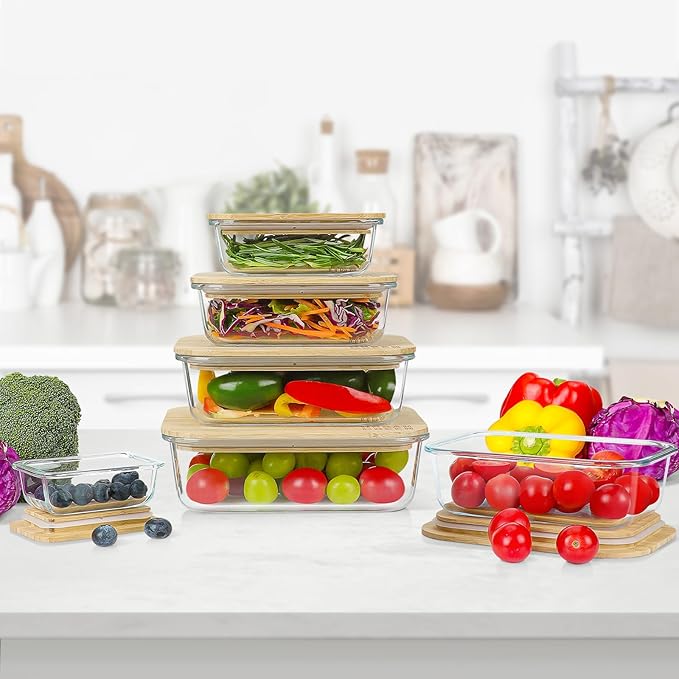 Urban Green Glass Containers with Bamboo Lids, Meal Prep Glass Food storage Container Set, 5 Pack, Pantry & Kitchen Organizer, Microwave, Oven, Freezer Safe
