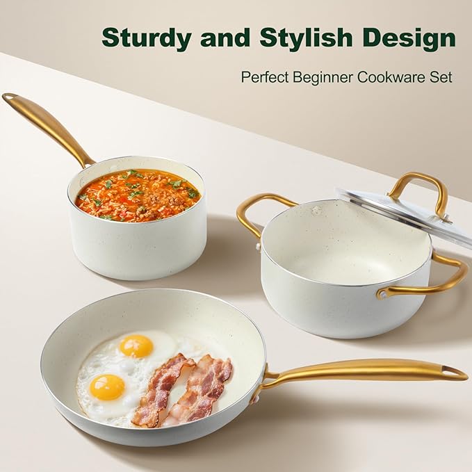 Pots and Pans Set Non Stick, 7 Piece White Granite Induction Cookware Set, Nonstick Kitchen Cooking Set with Gold Handle and Utensil, Oven Safe (PFOS, PFOA Free)