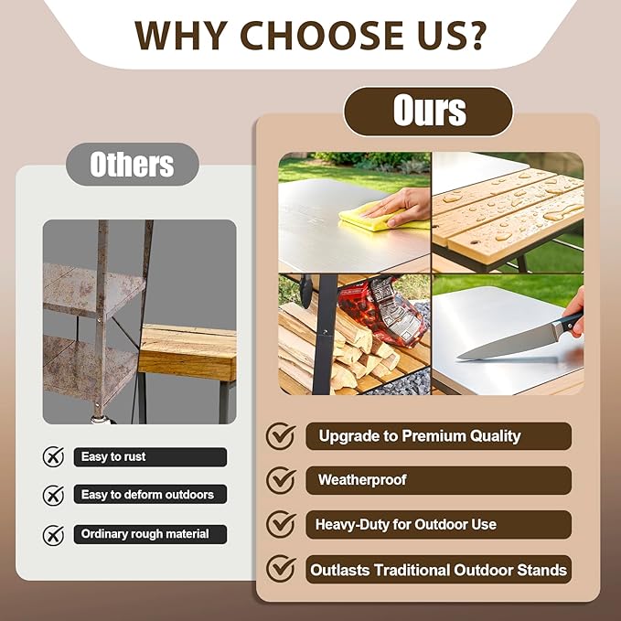 Pizza Oven Stand & Shelf for Solo Stove Pi Pizza Oven, Outrdoor XSKUNStand for Ninja Woodfire, Kitchen Table for Cooking with Stainless Steel Top, WPC Storage Shelves, Lockable 360° Swivel Wheels