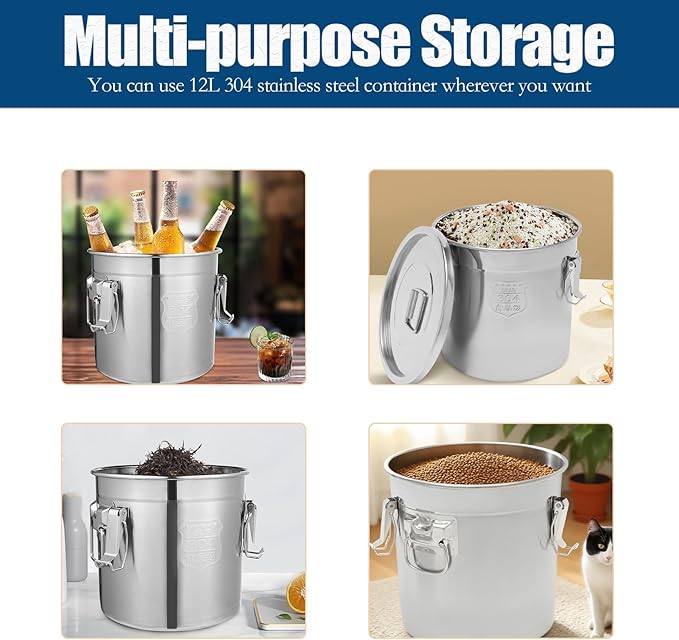 304 Stainless Steel Airtight Canister, 3.17Gal/405oz Airtight Food Storage Container with Lid and Lock Clips, Large Metal Pantry Storage Canister for Coffee Beans, Flour, Tea, Sugar, Cereals