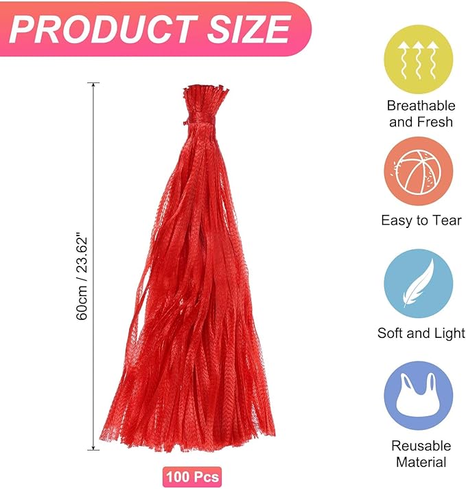 uxcell 100PCS Reusable Mesh Produce Bags, 23.6 Inches Egg Hatching Bags Washable Breathable Fruit Net Stretchable Mesh Netting Storage for Seafood Vegetable Onion Grocery Shopping, Red