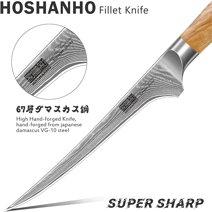 7 Inch Damascus Fillet Knife, Professional VG-10 Super Steel Japanese Boning Knife, Ultra Sharp Fish Knife with Ergonomic Olive Wood Handle