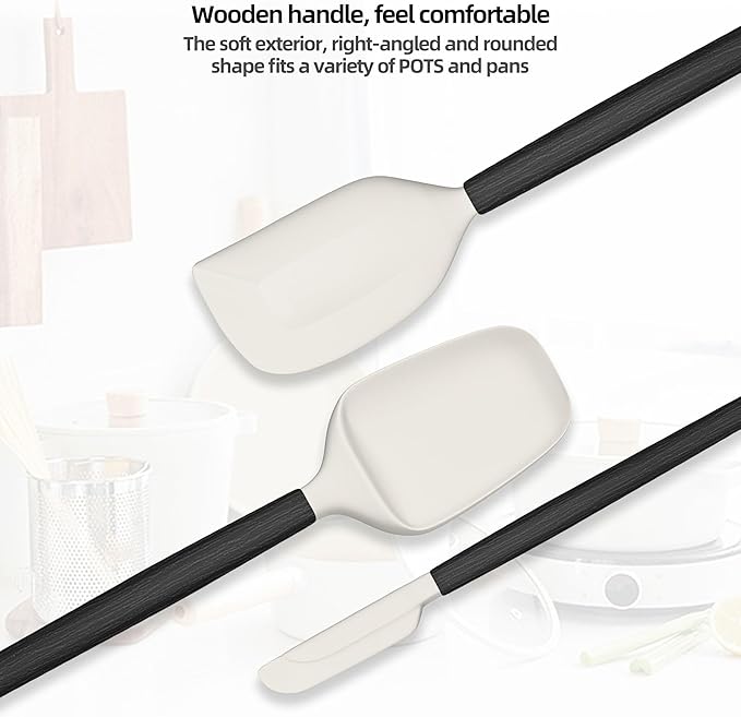 Wooden Handle Silicone Rubber Spatula Set for Kitchen Baking, Cooking, and Mixing High Heat Resistant Non Stick Dishwasher Safe BPA-Free Black+blue Set of 2 (Black Wooden Handle Spatula 4P)