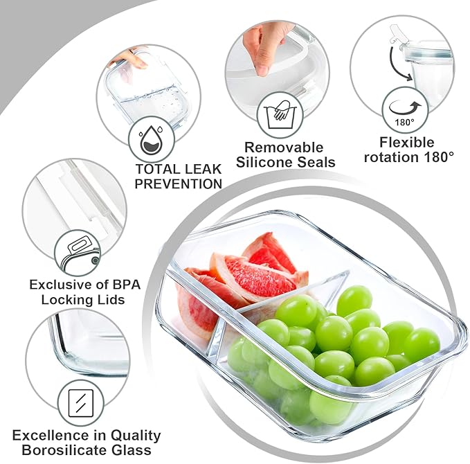 VERONES 5 Pack Glass Meal Prep Containers 2 Compartment Set, 36OZ Airtight Lunch Containers, Glass Food Storage Containers with Lids, for Microwave, Oven, Freezer & Dishwasher Friendly,White