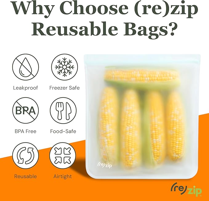 (re) zip 4-Piece Reusable Lunch & Leftovers Food Storage Bags – Leakproof, Airtight, BPA-Free, Food-Safe PEVA – Freezer Safe & Travel Friendly – Includes 1 Gallon, 2 Sandwich & 1 Snack Bag
