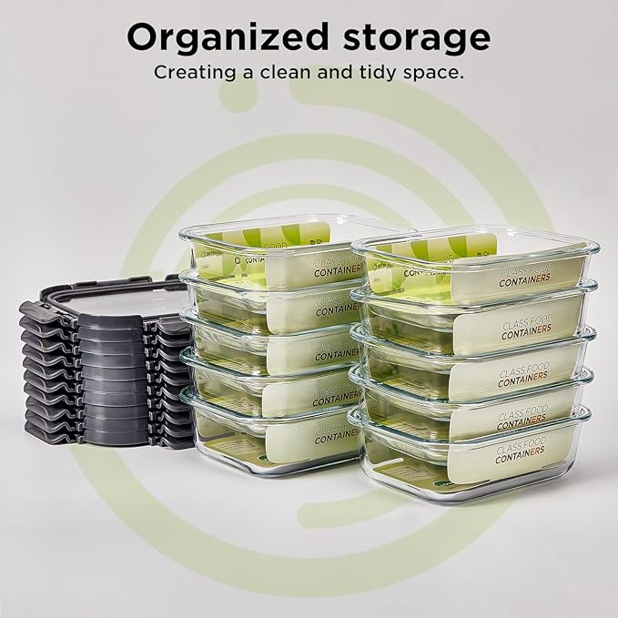 Glass Food Storage Containers with Lids, 10 Pack of 21oz, Glass Meal Prep Container with Airtight Lids, Microwave Safe Food Container Set, BPA Free, LeakProof, Ideal for Lunch