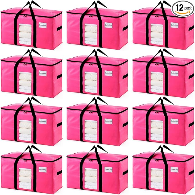 TAILI 12 Pack Pink Extra Large Moving Bags, Heavy Duty Totes with Visible Window, Wrap Around Handles, Space-Saving Storage Solution, Alternative to Moving Boxes