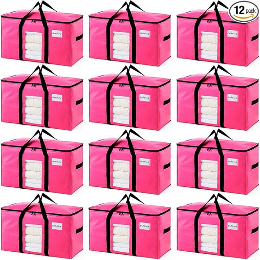 TAILI 12 Pack Pink Extra Large Moving Bags, Heavy Duty Totes with Visible Window, Wrap Around Handles, Space-Saving Storage Solution, Alternative to Moving Boxes