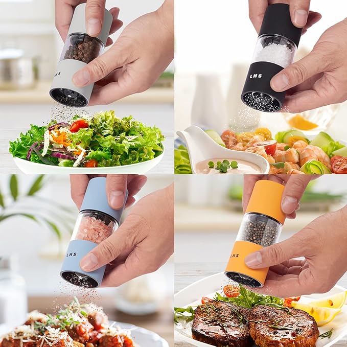 LHS Premium Salt and Pepper Grinder Set, Stainless Steel Salt Pepper Shakers Set, Refillable Peppercorn Grinder and Sea Salt Mill with Adjustable Coarseness for Kitchen Use - 4.6 Inches(Set of 4)