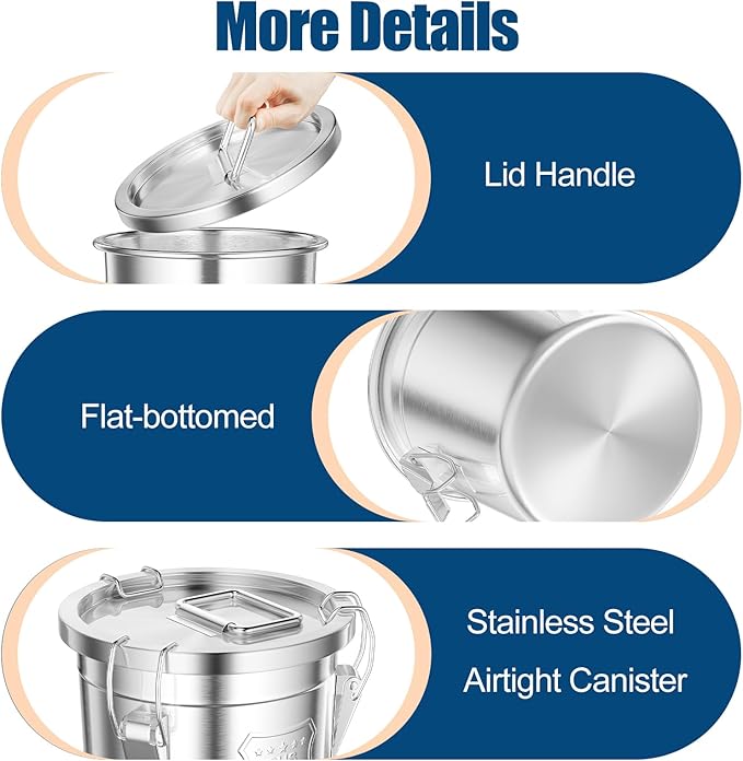 304 Stainless Steel Airtight Canister for Kitchen, 5.55 Gal Canisters Container with Lids and Sturdy Locking Clamp, Metal Food Storage Containers for Flour Grain Coffee Bean, 21L
