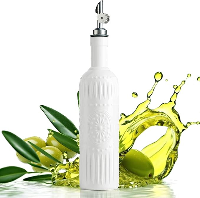 LYEOBOH Oil Dispenser for Kitchen, Olive Oil Dispenser Bottle with Non Drip Spout - 17 OZ Ceramic Vinegar Dispenser Bottle, Easy to Use for Kitchen Gadgets, Frying, BBQ, White