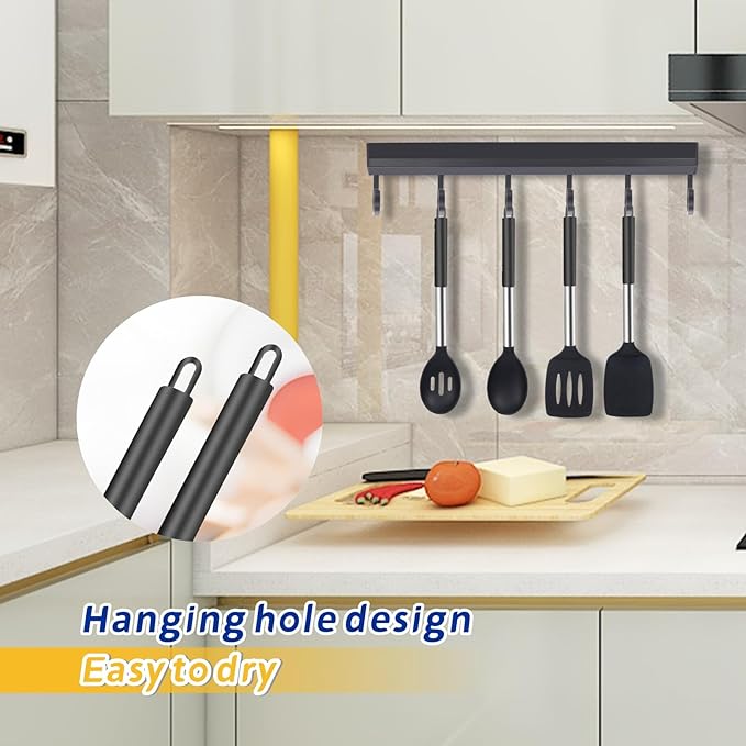 Silicone Kitchen Cooking Utensils Set 5-Piece BPA-Free Heat-Resistant Non-Stick & Dishwasher-Safe, with Slotted/Solid Spoons & Spatulas for Frying,Draining – Includes Multi-Purpose Serving Hook(Black)