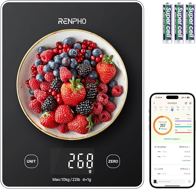RENPHO Digital Kitchen Scale, Smart Food Weight Scale with Nutritional Calculator, Gram Scale for Weight Loss Cooking Baking Keto Macro Diet, Black Glass, 22lb/10kg