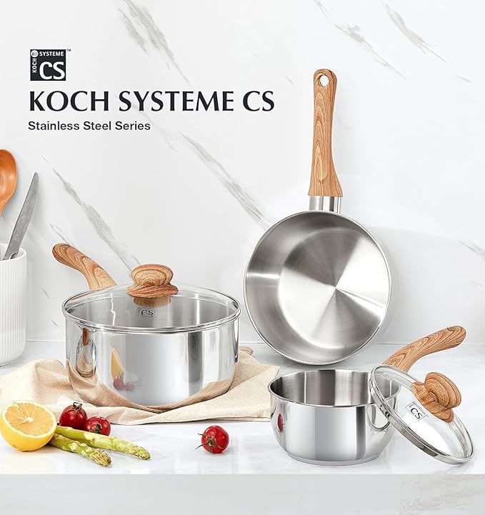 KOCH SYSTEME CS Stainless Steel Saucepan, 3 Quart Sauce Pan with Heat-resistant Bakelite Handle, 18/10 Stainless Steel Pot with Lid, Triply Steel Sauce Pan with Lid, Induction Compatible