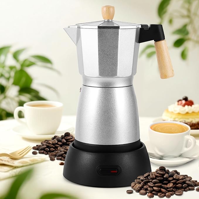 AOZBZ Moka Pot Electric Espresso Coffe Maker, 300ml 6 Cups Portable Coffee Pot with Overheat Protection and Detachable Base, Electric Espresso Maker, 450W, Silver