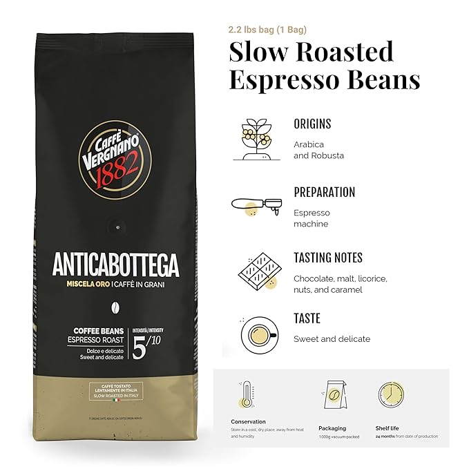 Caffe Vergnano 1882 Antica Bottega Whole Bean Arabica Medium Roast Espresso, 2.2 lbs Bag - Italian Coffee Beans with notes of Chocolate, Nuts & Caramel, Intensity 5/10-1000g Bag