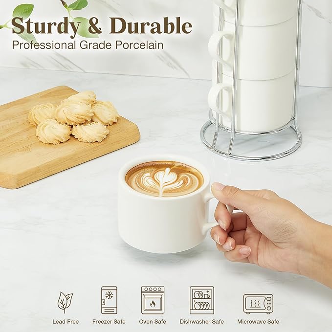 10 Ounce White Porcelain Stackable Cappuccino Cups with Stainless Steel Holder, Set of 4, Durable Ceramic, Perfect for Home, Office, or Gift