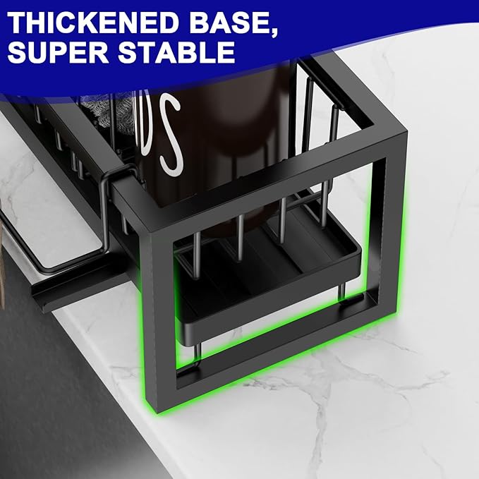 Sponge Holder for Kitchen Sink, Sink Caddy with Towel Holder, Kitchen Countertop Storage Organization, Home Apartment Essential Accessories (Black)