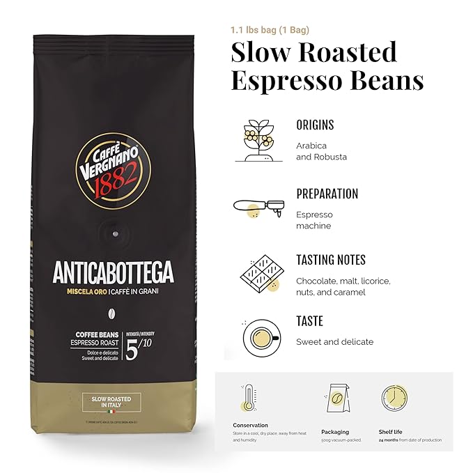 Caffe Vergnano 1882 Granaroma, Espresso, & Antica Bottega Whole Bean Arabica Medium Espresso Roast Coffee, 1.1lbs Bag - Italian Coffee Beans -500g Bag (3 Pk)