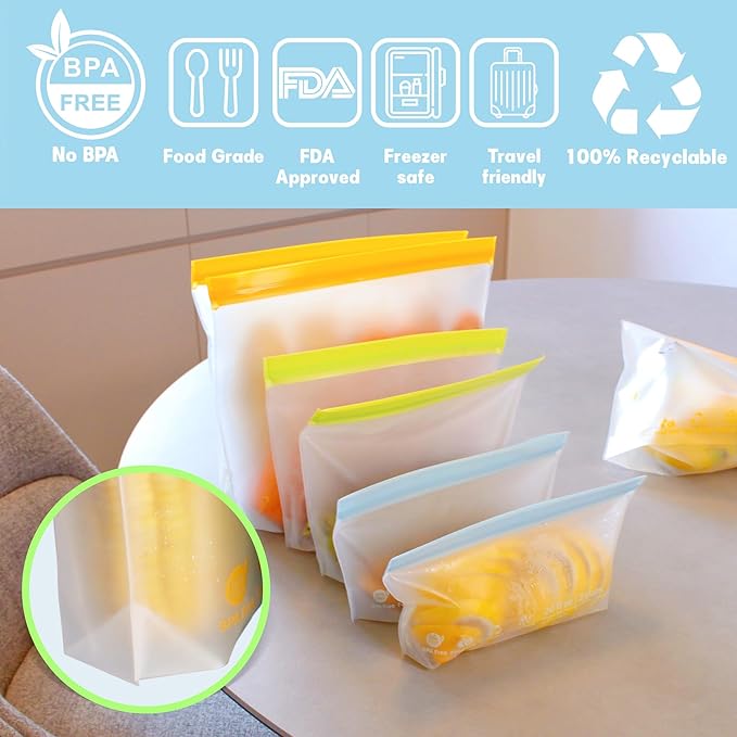28 Pack Reusable Food Storage Bags,Leakproof Freezer Bags BPA Free Stand Up Sandwich Bags for Lunch Salad Fruit Travel,Dishwasher Safe(8 Gallon,10 Sandwich,10 Snack)