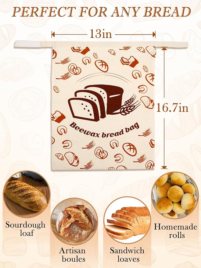 Natural Beeswax Bread Bags with Sealing Zipper - 13''x16.7'' Reusable Sourdough Storage Wraps for Homemade Bread, Keeping Food Fresh, Gifts for People Who Love Baking, Sliced Bread Pattern, 1 Pcs