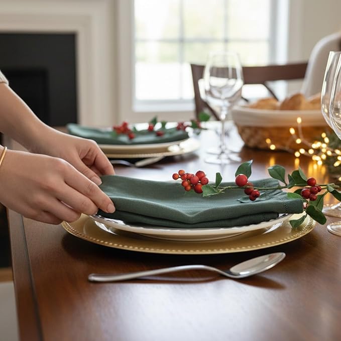 Hemstitched Linen Napkins – 20 Inch x 20 Inch – Stonewashed Pure Linen Cloth Dinner Napkins with Mitered Corners - 100% French Flax – Machine Washable - Set of 4 (Soft Rustic Green)