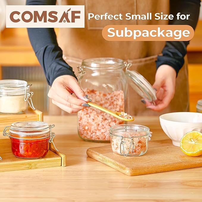 ComSaf 4oz Small Airtight Glass Jars Set of 6 with Lids Food Storage Jar Round, Mason Jar, Mini Storage Container with Clear Preserving Seal Wire Clip Fastening for Kitchen Canning, Jam, Spice, Honey