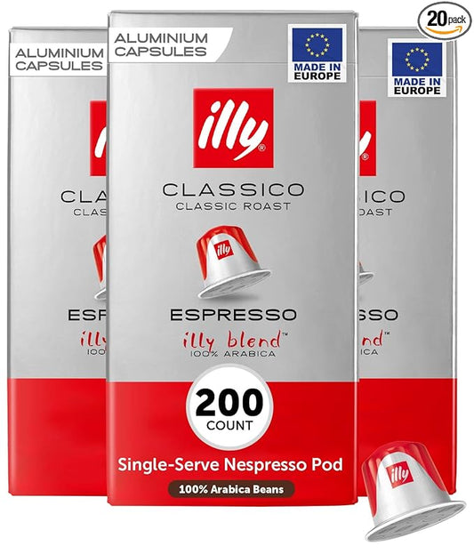 illy Aluminum Espresso Coffee Pods - Compatible with Nespresso Machines - Classico Medium Roast - Mild & Balanced, Single Serve Capsules - 10 Count (Pack of 20)