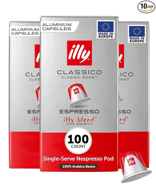 illy Aluminum Espresso Capsules - Compatible with Nespresso Machines - Classico Medium Roast Coffee - Mild & Balanced - Notes of Caramel, Orange Blossom & Jasmine Single Serve Capsules - 10 Count (Pack of 10)