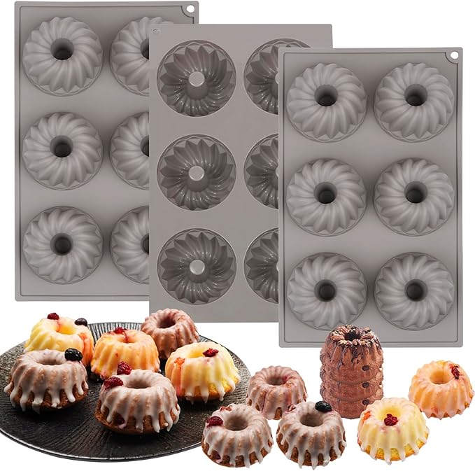 3Pcs Mini Bundt Cake Pans for Baking, 6-Cavity Silicone Bundt Cake Pan Nonstick, Small Bundtlette Cake Silicone Mold for Cupcakes, Donuts, Cornbread, Brownies, Jellies