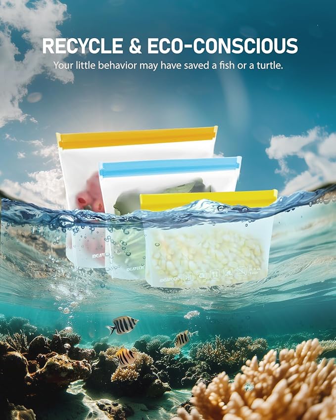 IDEATECH Sandwich Food Storage Bags, BPA Free PEVA Reusable Gallon Freezer Bags, Reusable Sandwich Bag, Healthy Food Containers for Lunch, Travel (Grey, 12Pack-7Gallon+5Quart)