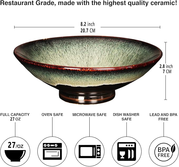 Ceramic Japanese Ramen Noodle Soup Bowl Set of 2, For Ramen, Pho, Soup, Salad, pasta, Asian Dishes,Udon noodles,Chinese Large Ramen Bowl - Microwave dishwasher oven safe, Black 8.2 Inch