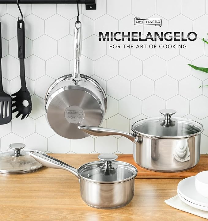 MICHELANGELO Triply Stainless Steel Saucepan Set with Lids 6pcs, Stainless Steel Pot Set, Kitchen Pot Set Induction Compatible, 1QT & 2QT & 3QT